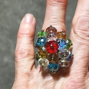 VINTAGE MULTICOLORED CRYSTAL CLUSTERED SILVER-TONE ADJUSTABLE SIZES 6.5-8.5 RING